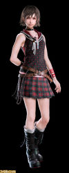 10s 1girl 3d belt black_background boots brown_hair female_focus final_fantasy final_fantasy_xv full_body high_heel_boots high_heels hood iris_amicitia official_art short_hair simple_background skirt sleeveless solo square_enix