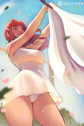 Rule 34 | 1girl, blurry, blurry background, breasts, brown eyes, brown hair, day, dress, highres, holy meh, large breasts, laundry, lips, long hair, original, outdoors, panties, patreon logo, patreon username, solo, underwear, white dress, white panties, wind