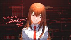 1girl artificial_intelligence breasts brown_hair closed_eyes coat collared_shirt facing_viewer grin hair_between_eyes head_tilt highres imminent_death lab_coat lapels long_hair makise_kurisu makise_kurisu_(amadeus) necktie notched_lapels pain pained_smile parted_lips red_necktie shirase_rin shirt signature smile solo steins;gate steins;gate_0 upper_body white_coat white_shirt
