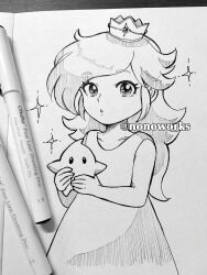 1girl aged_down commentary crown dress english_commentary eyelashes greyscale highres long_hair looking_at_viewer luma_(mario) mario_(series) marker_(medium) monochrome nintendo nonoworks parted_lips photo_(medium) rosalina sleeveless sleeveless_dress super_mario_galaxy traditional_media twitter_username