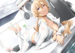 1girl arm_rest barefoot blonde_hair breasts chef cleavage closed_mouth collarbone commentary crossed_ankles drawer frown frying_pan full_body hair_between_eyes highres kitchen large_breasts long_hair long_sleeves looking_at_viewer lying midriff_peek nakiri_erina on_counter on_stomach open_clothes open_shirt pants plant ponytail pot potted_plant purple_eyes refrigerator sebakanken shirt shokugeki_no_souma sidelocks solo stove unbuttoned unbuttoned_shirt very_long_hair white_pants white_shirt