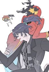 1other 2boys aqua_eyes black_coat black_hair black_necktie black_shirt carrying_over_shoulder clock coat collared_shirt dante_(limbus_company) fire full-stop_office_(identity)_(project_moon) heterochromia hong_lu_(project_moon) lapels limbus_company long_sleeves looking_at_viewer multiple_boys necktie notched_lapels object_head ponytail project_moon shirt simple_background sinclair_(project_moon) tama_launcher thumb_(identity)_(project_moon) white_background