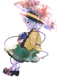 1girl black_hat black_shoes buttons diamond_button eyeball floral_print frilled_shirt_collar frilled_skirt frilled_sleeves frills green_eyes green_hair green_skirt hamriku hat hat_ribbon highres holding_eyeball komeiji_koishi parasol ribbon rose_print shirt shoes skirt third_eye touhou umbrella white_background yellow_ribbon yellow_shirt