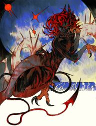 1boy absurdres black_claws black_hair black_horns black_skin blue_background colored_skin demon_tail grey_skin highres horns inset_border male_focus monster_boy multicolored_hair multicolored_skin multiple_tails no_genitals nude original outside_border pdozip red_eyes red_hair red_horns spiked_tail spotted_hair striped_horns tail talons two_tails white_background white_skin