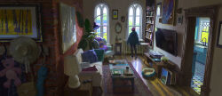 1girl absurdres anthony_brault arched_window bag baseball_cap bathroom blue_jacket book bookshelf brick_wall cable cellphone chair chessboard clothes_hanger commentary controller couch cup doorway english_commentary faucet flat_screen_tv from_behind handbag hat heater highres indoors jacket kitchen lampshade leaf looking_outside mirror original pantyhose phone picture_frame pillow pink_hat plant potted_plant remote_control rug scenery shoes sink skirt smartphone sneakers standing stuffed_animal stuffed_toy table teddy_bear television tile_floor tiles umbrella wide_shot window