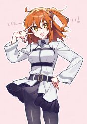 1girl ahoge belt black_pantyhose black_skirt breasts chaldea_uniform collared_shirt command_spell fate/grand_order fate_(series) fujimaru_ritsuka_(female) hair_ornament hair_scrunchie highres long_sleeves looking_at_viewer medium_breasts one_side_up open_mouth orange_eyes orange_hair orange_scrunchie pantyhose scrunchie shirt short_hair skirt smile solo thighs tsuyukusa_(eeta7273) white_shirt