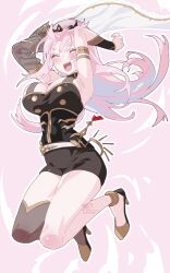 1girl absurdres armlet belt black_shirt black_shorts black_sleeves black_thighhighs black_tiara blush breasts closed_eyes commentary detached_sleeves english_commentary high_heels highres hololive hololive_english jewelry jumping kamiya_maneki large_breasts long_hair long_sleeves mori_calliope open_mouth pink_background pink_hair see-through_clothes see-through_sleeves shirt shorts signature single_bracer single_detached_sleeve single_thighhigh smile solo teeth thighhighs thighs tiara twitter_username upper_teeth_only veil virtual_youtuber white_belt white_veil