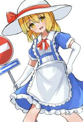 Rule 34 | 1girl, :d, apron, blonde hair, blue dress, collared shirt, commentary request, dress, elbow gloves, frilled apron, frills, gloves, hand on own hip, hat, hat ribbon, highres, kaiko (ota umitsuki), kana anaberal, medium hair, no entry sign, open mouth, puffy short sleeves, puffy sleeves, red ribbon, ribbon, road sign, shirt, short sleeves, sign, simple background, smile, sun hat, touhou, touhou (pc-98), upper body, waist apron, white apron, white background, white gloves, white hat, white shirt, yellow eyes