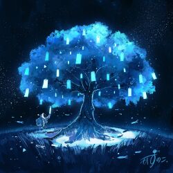 1other absurdres artist_name astronaut blue_theme commentary_request fantasy helmet highres kazunoko_(kazunoko_zunoco) night night_sky original outdoors plant plant_focus signature sky solo space_helmet spacesuit star_(sky) tanabata tanzaku tree