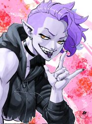 1girl \m/ asymmetrical_hair black_choker black_hoodie choker colored_skin crop_top earrings grey_skin highres hood hoodie initial jewelry jgeorgedrawz looking_at_viewer orange_eyes original pointy_ears purple_hair short_hair sidecut solo tongue tongue_out torn_clothes torn_hoodie undercut