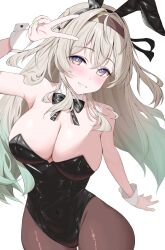 1girl akatana_(ewokakitaindes) animal_ears black_bow black_bowtie black_hairband blue_pupils bow bowtie breasts brown_pantyhose commentary_request cowboy_shot detached_collar fake_animal_ears firefly_(honkai:_star_rail) gradient_hair green_hair grey_hair hairband highres honkai:_star_rail honkai_(series) large_breasts leotard long_hair multicolored_eyes multicolored_hair pantyhose playboy_bunny purple_eyes rabbit_ears simple_background smile solo two-tone_eyes two-tone_hair v white_background wrist_cuffs yellow_eyes