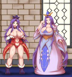 2girls angela angela_(seiken_densetsu_3) angela_(trials_of_mana) areola_slip breasts bursting_breasts cleavage covered_erect_nipples highres huge_areola huge_breasts large_areolae long_hair looking_at_viewer mother_and_daughter multiple_girls princess pubic_hair puffy_nipples purple_hair queen revealing_clothes revealing_clothing seiken_densetsu seiken_densetsu_3 standing tagme very_long_hair