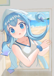 1girl absurdres beach blue_eyes blue_hair blue_sky bracelet cloud commentary_request dress gradient_hair hat highres ikamusume jewelry multicolored_hair ocean open_mouth purple_hair raised_eyebrows shinryaku!_ikamusume sishisi sky solo tentacle_hair upper_body white_dress white_hat window
