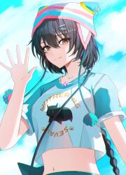 1girl black_hair blue_shirt blue_sky braid breasts closed_mouth commentary crop_top day female_rover_(wuthering_waves) hair_between_eyes hand_up hashtag-only_commentary hat highres jewelry long_hair looking_at_viewer medium_breasts midriff navel necklace official_alternate_costume outdoors rin0_(gujrv) rover_(wuthering_waves) shirt sky smile solo split_mouth very_long_hair waving white_shirt wuthering_waves yellow_eyes