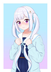 1girl absurdres aqua_cardigan blue_ribbon blue_serafuku blunt_bangs blush border cardigan colored_inner_hair gradient_background hair_ornament highres lize_helesta lize_helesta_(4th_costume) long_sleeves looking_at_viewer multicolored_hair nijisanji open_cardigan open_clothes ponytail purple_eyes ribbon sailor_collar school_uniform serafuku shirt skirt smile solo two-tone_background two-tone_hair user_mcnt3828 virtual_youtuber white_border white_hair white_sailor_collar