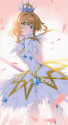 1girl absurdres ahoge bare_arms brown_hair cardcaptor_sakura commentary crown dress gloves green_eyes hair_between_eyes hair_intakes highres kinomoto_sakura looking_at_viewer short_hair solo wako_(1194433260) white_dress white_gloves