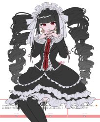 1girl black_hair black_jacket black_nails black_thighhighs bonnet celestia_ludenberg danganronpa:_trigger_happy_havoc danganronpa_(series) drill_hair earrings feet_out_of_frame frills gothic_lolita highres jacket jewelry lolita_fashion long_hair long_sleeves looking_at_viewer nail_polish necktie pote_(pote_39) red_eyes red_necktie shirt sitting skirt smile solo thighhighs twin_drills twintails white_background