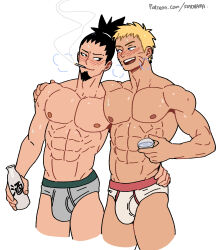 Rule 34 | 2boys, abs, artist name, bara, black eyes, black hair, blonde hair, blue eyes, blush, boruto: naruto next generations, bottle, bulge, cigarette, collarbone, cropped torso, cup, drinking, drunk, eye contact, facial hair, goatee, green male underwear, hand on another&#039;s shoulder, highres, holding, holding bottle, holding cup, large pectorals, looking at another, male focus, male underwear, mature male, multiple boys, muscular, muscular male, nara shikamaru, naruto (series), navel, nipples, open mouth, patreon username, pectorals, red male underwear, scar, scar on face, short hair, simple background, single arm hug, smoke, smoke trail, smoking, suyohara, teeth, thighs, topless male, underwear, underwear only, uzumaki naruto, watermark, web address, white background, white male underwear, yaoi