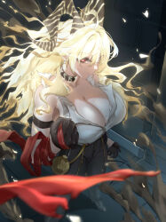 1girl absurdres arm_strap black_choker black_gloves black_horns black_pants black_shoes black_tail blonde_hair breasts bright_pupils choker cleavage clenched_hand closed_mouth collarbone commentary curled_horns demon_tail earrings english_commentary gloves hand_up high_heels highres horns jewelry key_earrings large_breasts long_hair looking_at_viewer mole mole_on_breast necktie necktie_around_wrists noazzark pants red_eyes red_necktie shirt shirt_tucked_in shoes solo standing tail torn_clothes torn_shirt very_long_hair white_pupils white_shirt wuthering_waves zani_(wuthering_waves)