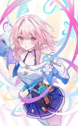 1girl acorn badge black_choker black_corset blue_eyes blue_jacket blue_skirt breasts button_badge buttons camera choker collarbone commentary corset cowboy_shot dress_shirt earrings flower_ornament hands_up highres honkai:_star_rail honkai_(series) jacket jewelry long_sleeves luna_(luna610) march_7th_(honkai:_star_rail) march_7th_(preservation)_(honkai:_star_rail) medium_breasts medium_hair miniskirt multicolored_eyes parted_lips pink_eyes pink_hair pleated_skirt shirt single_earring skirt solo thigh_strap tied_jacket twitter_username two-tone_eyes white_shirt