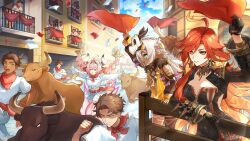 6+boys 6+girls absurdres alternate_costume black_bodysuit bodysuit breasts cleavage cow cow_girl cow_horns cow_tail genshin_impact highres horns iansan_(genshin_impact) large_breasts long_hair mavuika_(genshin_impact) multiple_boys multiple_girls official_art orange_eyes orange_hair red_eyes red_hair suitchi_(gn4othi61) tail varesa_(genshin_impact)