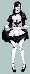 10_4_(10f0ur) 1girl absurdres apron aqua_background black_shoes c-bas clothes_lift full_body highres juliet_sleeves long_hair long_sleeves maid maid_apron open_mouth original puffy_sleeves purple_hair robot_girl shoes simple_background skirt skirt_lift smile solo