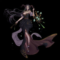 Rule 34 | 1girl, absurdres, bare shoulders, black background, black dress, black shoes, breasts, cleavage, detached sleeves, dress, full body, gem, gold trim, green eyes, green gemstone, highres, large breasts, large horns, lips, nose, original, shoes, simple background, solo, strapless, strapless dress, subong