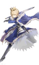 1girl absurdres armor armored_dress artoria_pendragon_(fate) blue_cape blue_dress breastplate cape crown dress excalibur_(fate/stay_night) fate/grand_order fate/stay_night fate_(series) fur-trimmed_cape fur_trim gauntlets highres holding holding_sword holding_weapon looking_at_viewer milbi plackart saber_(fate) saber_(third_ascension)_(fate) simple_background solo sword weapon white_background