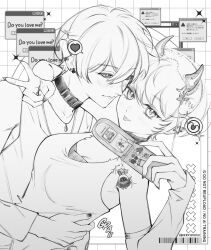 1boy 1girl anbramme belle_(zenless_zone_zero) brother_and_sister emoji english_text highres horns incest mirror_selfie selfie short_hair siblings tongue tongue_out twitter_username upper_body wise_(zenless_zone_zero) zenless_zone_zero