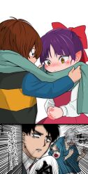 ._. 1girl 3boys aged_down akariri345 black_hair blush brown_hair commentary_request gegege_no_kitarou grey_hair highres kitarou kitarou_tanjou:_gegege_no_nazo looking_down medama_oyaji medama_oyaji_(human) mizuki_(gegege_no_kitarou) multiple_boys nekomusume nekomusume_(gegege_no_kitarou_6) own_hands_together purple_hair red_eyes scarf shared_clothes shared_scarf short_hair translation_request yellow_eyes