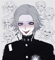 Rule 34 | 1boy, aotsuki eito, blush, catchphrase, english text, evil grin, evil smile, eyeliner, finger heart, gakuran, glasses, grey hair, grin, headgear, hole in chest, hole on body, jacket, last defense academy school uniform, looking at viewer, makeup, male focus, mixed-language text, multiple views, nose blush, one eye closed, purple eyes, red eyeliner, school uniform, seiran yoroz, short hair, smile, smirk, spoilers, sweat, the hundred line -last defense academy-, tongue, tongue out, trembling