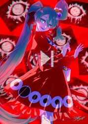1girl 3sanshokudango3 aqua_eyes aqua_hair black_bow bow candy commentary cowboy_shot dress eyeball_hair_ornament food glitch hair_bow hatsune_miku highres holding holding_candy holding_food holding_lollipop juliet_sleeves lollipop long_sleeves looking_at_viewer looking_back open_mouth psi_(vocaloid) puffy_sleeves red_background red_dress red_theme smile solo twintails uneven_twintails vocaloid white_bag