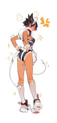 1girl absurdres animal_ears commentary english_commentary highres kneepits li_xiahua_(prisoners_book) light-skinned_palms maid_headdress original prisoners_book_(artist) red_streaks short_hair simple_background solo tan tanline tomboy white_background