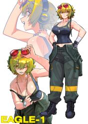 Rule 34 | 1girl, absurdres, baggy pants, bandages, bare shoulders, blonde hair, boots, breasts, character name, cleavage, dog tags, eagle 1 (helldivers), eyewear on head, gloves, green eyes, headphones, helldivers (series), highres, letro, looking at viewer, midriff peek, navel, one eye closed, pants, short hair, simple background, solo, sunglasses, sweat, tank top, white background