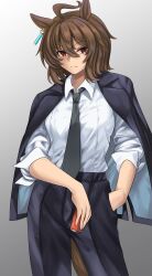 Rule 34 | 1girl, absurdres, agnes tachyon (umamusume), animal ears, black jacket, black necktie, black pants, breasts, brown eyes, brown hair, can, closed mouth, collared shirt, commentary request, cowboy shot, drink can, earrings, expressionless, grey background, hair between eyes, hand in pocket, highres, hisagi (hisagi00), holding, holding can, horse ears, horse girl, horse tail, jacket, jacket on shoulders, jewelry, long bangs, looking at viewer, medium breasts, medium hair, necktie, pants, shirt, soda can, solo, tail, umamusume, white shirt