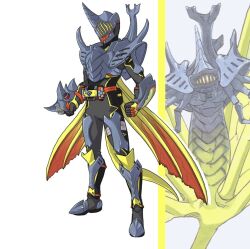 Rule 34 | 1boy, armor, artist name, belt, bodysuit, bug, choumei (naruto), compound eyes, crossover, full body, giant, giant insect, giant monster, gloves, grey helmet, helmet, horns, insect wings, kamen rider, kamen rider goh (toze), multiple tails, naruto (classic), naruto (series), naruto shippuuden, ninja, pointing with thumb, single horn, tail, to ze, wings