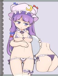 1girl ass blunt_bangs blush breasts cropped_torso embarrassed hat highres long_hair looking_to_the_side medium_breasts mob_cap multiple_views navel patchouli_knowledge purple_eyes purple_hair thighhighs touhou triangle_mouth turnip_kabura underwear very_long_hair
