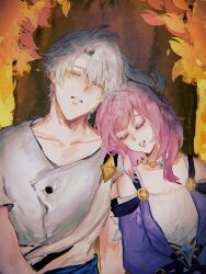 1boy 1girl ahoge autumn autumn_leaves breasts coat commentary cyrene_(honkai:_star_rail) dress english_commentary head_on_another&#039;s_shoulder highres honkai:_star_rail honkai_(series) jellowyyy jewelry leaf medium_hair multicolored_hair necklace outdoors parted_lips phainon_(honkai:_star_rail) pink_hair purple_coat shirt short_hair sleeping small_breasts tree two-tone_hair white_dress white_hair white_shirt