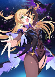 1girl asymmetrical_legwear bird black_gloves black_nails blonde_hair bodystocking breasts cowboy_shot crow eyepatch fingernails fischl_(genshin_impact) fishnet_top fishnets garter_straps genshin_impact gloves green_eyes hair_ornament hair_over_one_eye hair_ribbon kamuraaa_615 long_hair looking_at_viewer medium_breasts night night_sky open_mouth outstretched_arm oz_(genshin_impact) purple_ribbon ribbon single_garter_strap single_leg_pantyhose single_thighhigh sky sparkle teeth thighhighs two_side_up upper_teeth_only