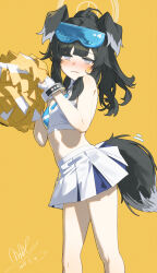 1girl absurdres animal_ears black_hair blue-tinted_eyewear blue_archive blush breasts commentary crop_top dog_ears dog_girl dog_tail eyewear_on_head feet_out_of_frame gloves goggles goggles_on_head halo hands_up hibiki_(blue_archive) hibiki_(cheer_squad)_(blue_archive) highres holding holding_pom_poms long_hair looking_at_viewer medium_breasts midriff miniskirt nose_blush official_alternate_costume official_alternate_hairstyle open_mouth pom_pom_(cheerleading) pom_poms ponytail qtian signature simple_background skirt solo sports_bra standing star_sticker sticker_on_face tail thighs tinted_eyewear white_gloves white_skirt white_sports_bra yellow_background yellow_halo