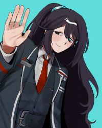 Rule 34 | 11230kingyo, 1boy, absurdres, aqua background, black eyes, black hair, black jacket, black vest, blue eyes, collared shirt, heterochromia, high ponytail, highres, hong lu (project moon), jacket, limbus company, long hair, looking at viewer, male focus, multiple boys, necktie, ponytail, project moon, red necktie, shirt, simple background, solo, upper body, very long hair, vest, white shirt