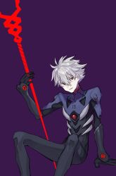 1boy grey_hair hair_between_eyes highres holding holding_polearm holding_weapon lance_of_longinus_(evangelion) male_focus mecha_pilot_suit nagisa_kaworu neon_genesis_evangelion open_mouth plugsuit_(evangelion) polearm purple_background red_eyes short_hair sideways_glance simple_background sitting smile solo weapon yoshioka_suke