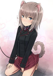 Rule 34 | 10s, 1girl, animal ears, bad id, bad pixiv id, bare legs, bdsm, black jacket, blue eyes, blush, bondage, bound, collar, female focus, girls und panzer, grey hair, heart, heart-shaped pupils, itsumi erika, jacket, kneeling, kuromorimine military uniform, leash, light blush, looking at viewer, military, military uniform, red skirt, skirt, slave, solo, symbol-shaped pupils, tail, tears, text focus, translated, umasanjin
