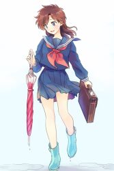 Rule 34 | 1girl, akiyoshi (tama-pete), bag, blue eyes, boots, brown hair, carrying bag, closed umbrella, commentary, dripping, floating clothes, floating hair, full body, holding, holding umbrella, long sleeves, looking at object, looking down, magic kaito, medium hair, nakamori aoko, open mouth, pleated skirt, puddle, rubber boots, sailor collar, sailor shirt, school bag, school uniform, shirt, side part, skirt, solo, teeth, umbrella, upper teeth only, white background
