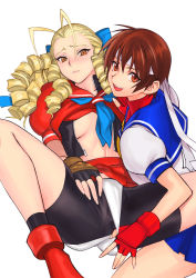 Rule 34 | 1990s (style), 2girls, antenna hair, bike shorts, blonde hair, blue sailor collar, blush, bow, breasts, brown eyes, drill hair, embarrassed, fingerless gloves, gloves, hair bow, hair ribbon, hair slicked back, happy, headband, highres, kanzuki karin, kasugano sakura, long hair, medium breasts, multiple girls, open mouth, panties, panties over bike shorts, panty pull, pussy, retro artstyle, ribbon, sailor collar, school uniform, serafuku, short hair, skirt, smile, spread pussy, spread pussy under clothes, street fighter, street fighter zero (series), tetsu (kimuchi), tongue, underboob, underwear, upskirt, yuri