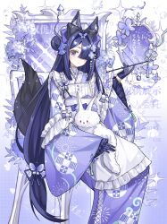 1girl animal animal_ear_fluff animal_ears apron black_gloves bow bujiatang72 closed_mouth floral_print flower fox fox_ears fox_tail frilled_apron frills gloves hair_bow hair_bun hair_over_one_eye highres holding holding_smoking_pipe japanese_clothes kimono long_hair long_sleeves looking_at_viewer maid original purple_eyes purple_flower purple_kimono purple_theme sitting smoking_pipe solo tail very_long_hair wa_maid white_apron wide_sleeves