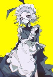 1boy absurdres ac_warlock animal_ears aotsuki_eito apron bandaid bandaid_on_face black_gloves black_shirt blurry clothes_lift collared_shirt cowboy_shot crossdressing glasses gloves grey_hair hair_ornament highres kemonomimi_mode looking_at_viewer maid maid_apron maid_headdress male_focus male_maid rabbit_ears rabbit_hair_ornament shirt short_hair simple_background skirt skirt_lift solo the_hundred_line_-last_defense_academy- yellow_background
