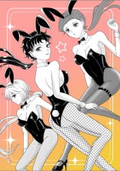 3girls animal_ear_hairband animal_ears back bishoujo_senshi_sailor_moon bishoujo_senshi_sailor_moon_stars black_hair black_leotard bow bowtie breasts detached_collar fake_animal_ears fake_tail fishnet_pantyhose fishnets greyscale_with_colored_background hairband high_heels highleg highleg_leotard kedamonoko leotard lips long_hair median_furrow medium_breasts multiple_girls pantyhose playboy_bunny ponytail rabbit_ears rabbit_tail seiya_kou strapless strapless_leotard taiki_kou tail traditional_bowtie very_long_hair white_hair white_wrist_cuffs wrist_cuffs yaten_kou