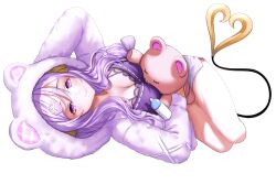 1girl absurdres animal_hood baby_bottle babydoll bottle breasts brown_horns cat_hood cleavage closed_mouth demon_girl demon_horns demon_tail dolphin_shorts full_body highres hood hood_up horns konekoneko_(konekopi) large_breasts long_hair looking_at_viewer mole mole_under_mouth nanashi_inc. pointy_ears purple_babydoll purple_eyes purple_hair saionji_mary saionji_mary_(7th_costume) shorts simple_background smile solo stuffed_animal stuffed_toy tail teddy_bear transparent_background upside-down virtual_youtuber white_shorts