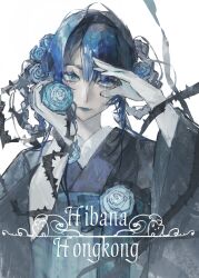 1girl ado_(utaite) aegyo_sal black_kimono blue_eyes blue_flower blue_hair blue_rose chando_(ado) commentary flower glint ha-chan_(ado) hair_between_eyes hands_up hashtag-only_commentary highres htt_hatuotuo japanese_clothes kimono long_sleeves looking_at_viewer mole mole_under_eye rose solo thorns upper_body utaite white_background